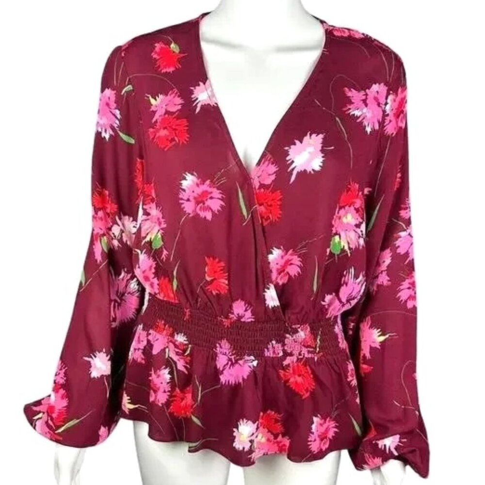 Express Floral Wrap Blouse M NWT Smocked Waist Peplum Top